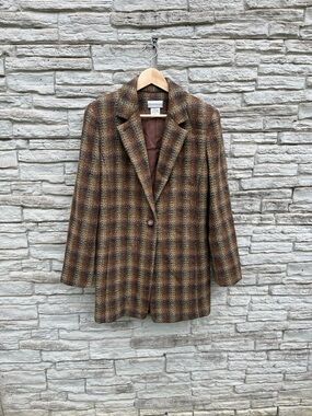 Coldwater Creek Brown Plaid Blazer Jacket Size 12 Classic Tweed